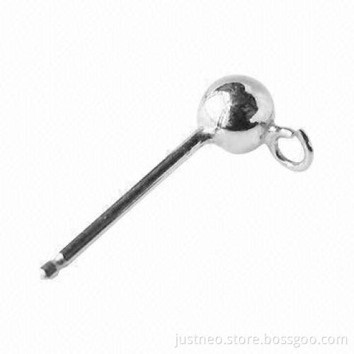 Solid 925 sterling silver earstud with ball and soldered open jump ring, 15x4x0.8mm